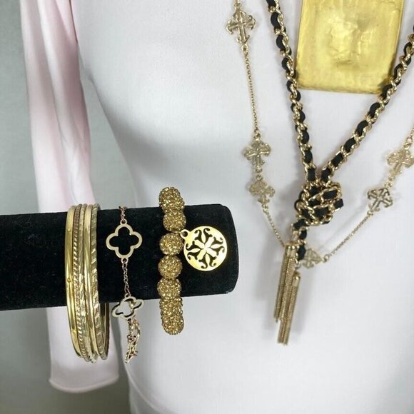 Gold Tone and Black Jewelry Lot Bracelets, Earrings & GUESS Long Rope Necklace - Picture 5 of 9